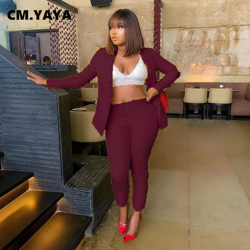 CMYAYA Φθινοπωρινά Χειμερινά Γυναικεία Σετ Φόρμες Σέξι με οδοντωτό μακρυμάνικο μπλέιζερ ίσιο παντελόνι Κοστούμια Fashion Office Lady Work