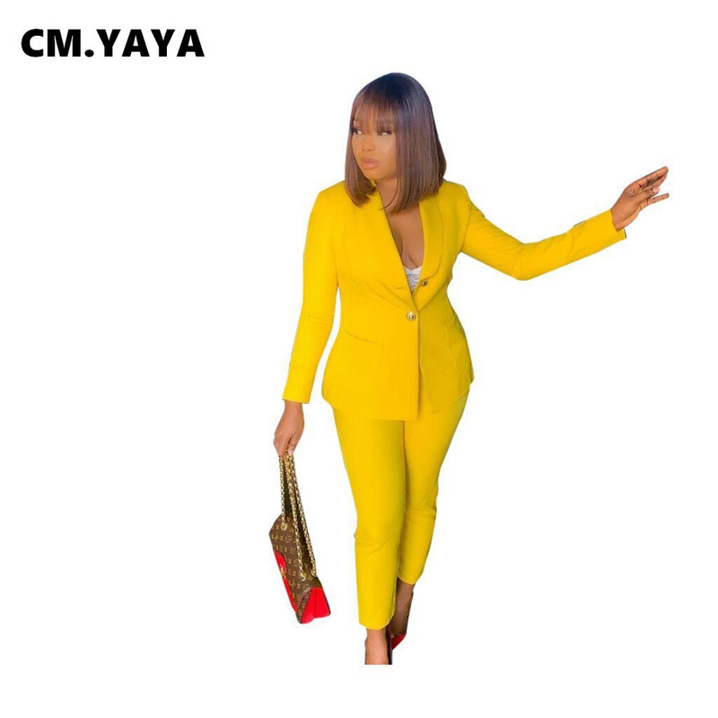 CMYAYA Φθινοπωρινά Χειμερινά Γυναικεία Σετ Φόρμες Σέξι με οδοντωτό μακρυμάνικο μπλέιζερ ίσιο παντελόνι Κοστούμια Fashion Office Lady Work