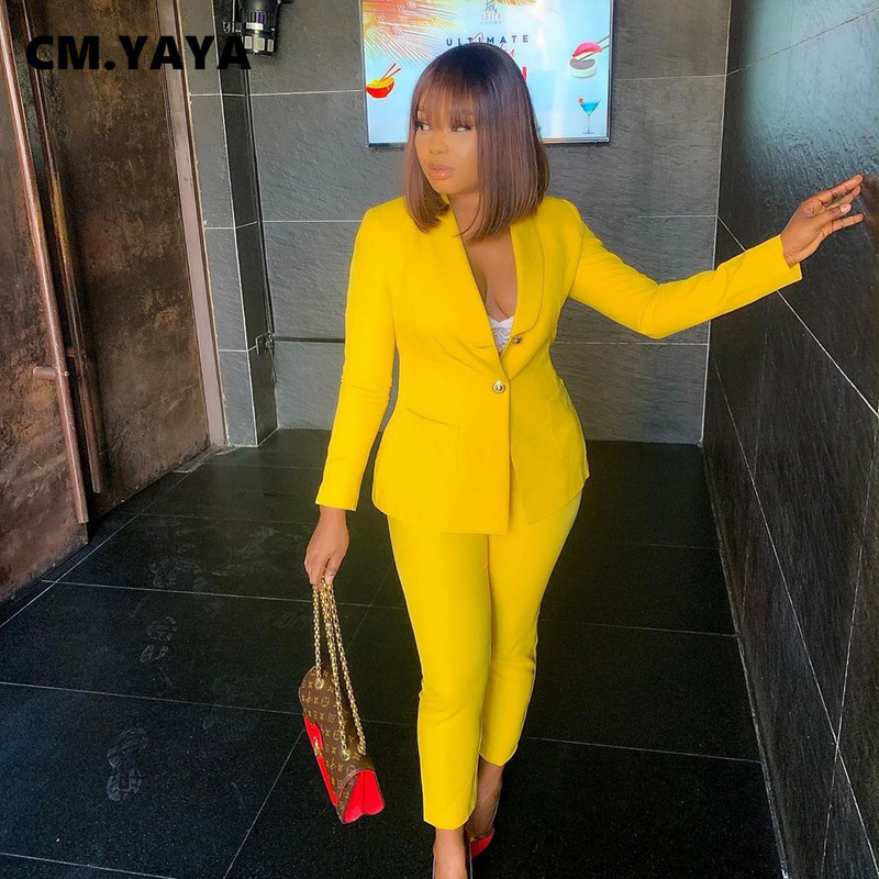 CM.YAYA Trening elegant pentru femei Blazer solid Topuri și pantaloni Costum asortat Set 2 2 piese Office Lady INS Outfits Sweat