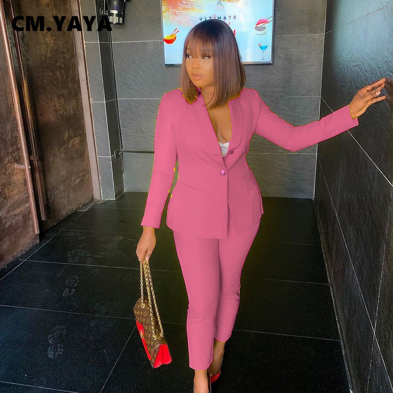 CM.YAYA Trening elegant pentru femei Blazer solid Topuri și pantaloni Costum asortat Set 2 2 piese Office Lady INS Outfits Sweat