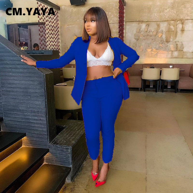 CM.YAYA Trening elegant pentru femei Blazer solid Topuri și pantaloni Costum asortat Set 2 2 piese Office Lady INS Outfits Sweat