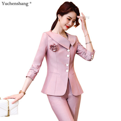 Costume elegante cu pantaloni pentru dama S-4XL pentru femei, cu guler răsturnat, cu pantaloni, alb, roz, set 2 piese pentru îmbrăcăminte de lucru de birou la hotel