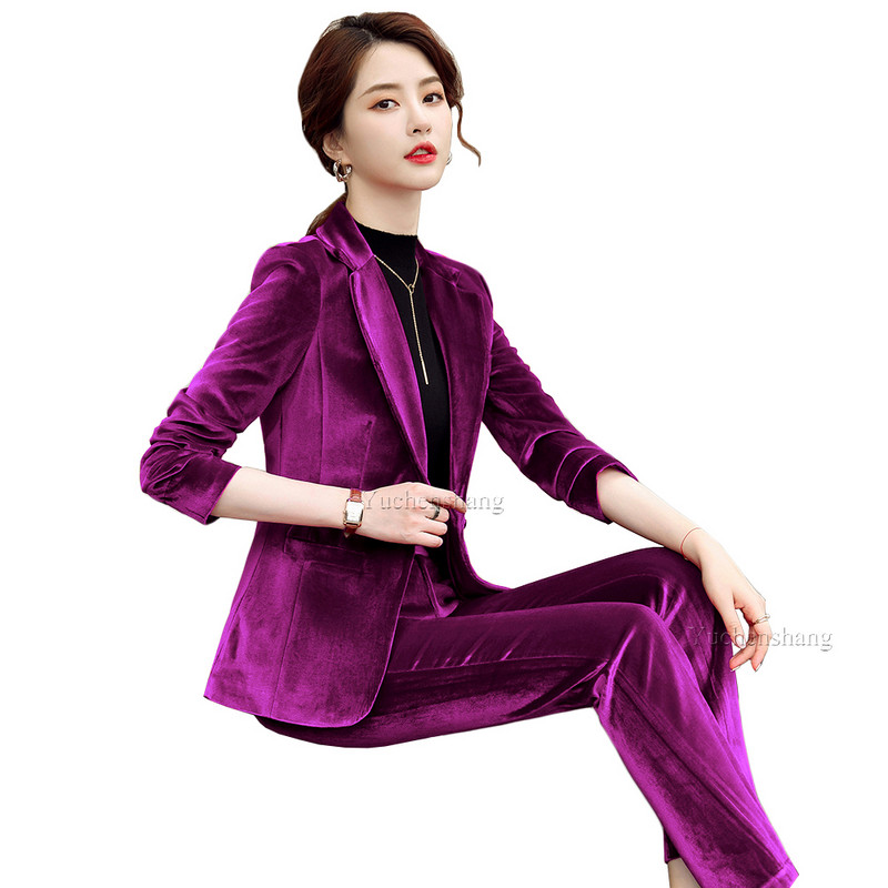 Toamnă Toamnă Iarnă Blazer cu mânecă lungă și costum pantalon Damă Femei Nou Sosire Casual Set 2 piese Verde Negru Roșu Violet Albastru