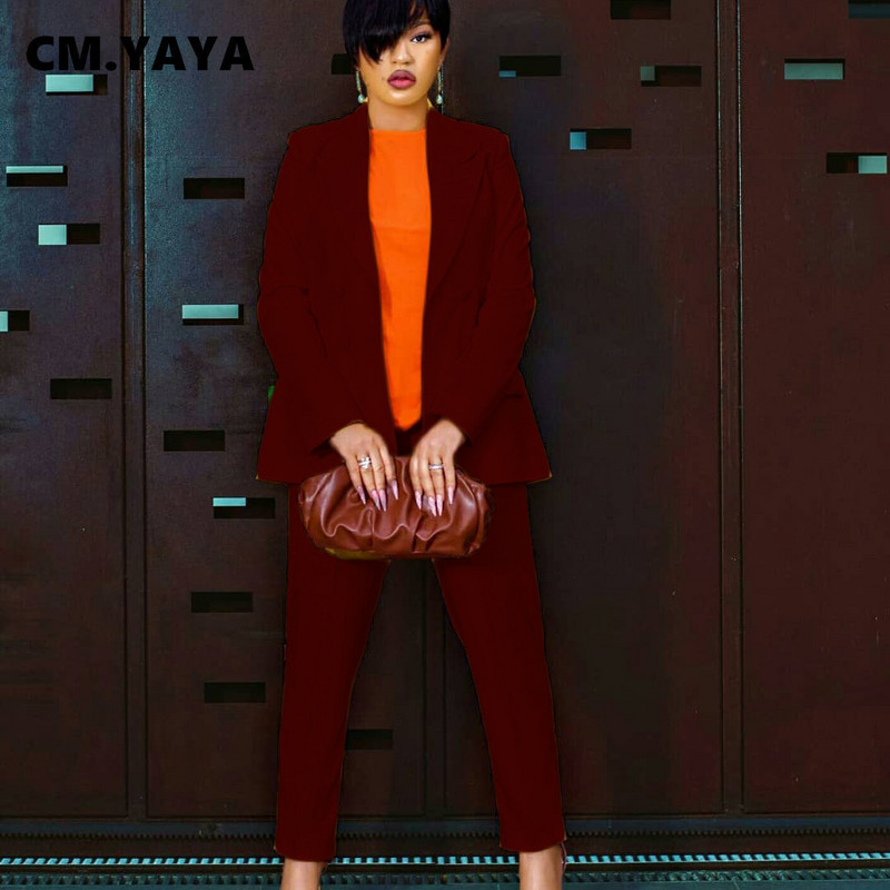CM.YAYA Žensko odijelo s hlačama Uredski ženski sako i odijela Jesen Zima Elegantna jednobojna dvodijelna odjevna kombinacija