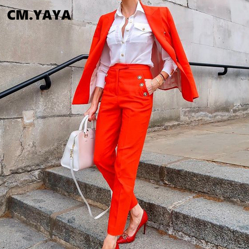CM.YAYA Pantaloni pentru femei Costume pline cu mâneci pline Topuri cu buzunare drepte Pantaloni Două 2 piese Seturi Office Lady Fashion Outfits Toamna 2021