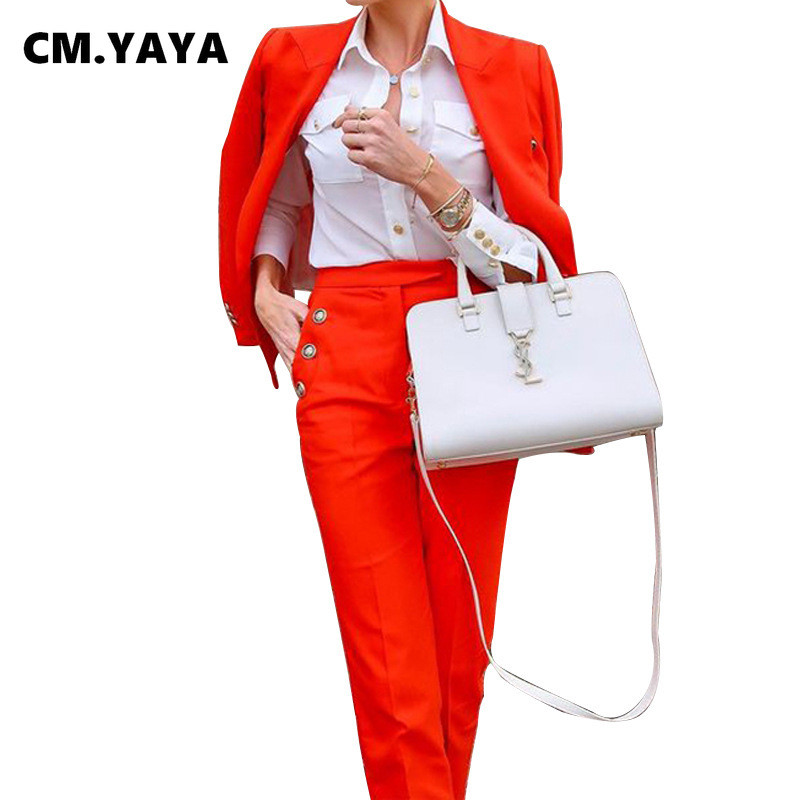 CM.YAYA Pantaloni pentru femei Costume pline cu mâneci pline Topuri cu buzunare drepte Pantaloni Două 2 piese Seturi Office Lady Fashion Outfits Toamna 2021