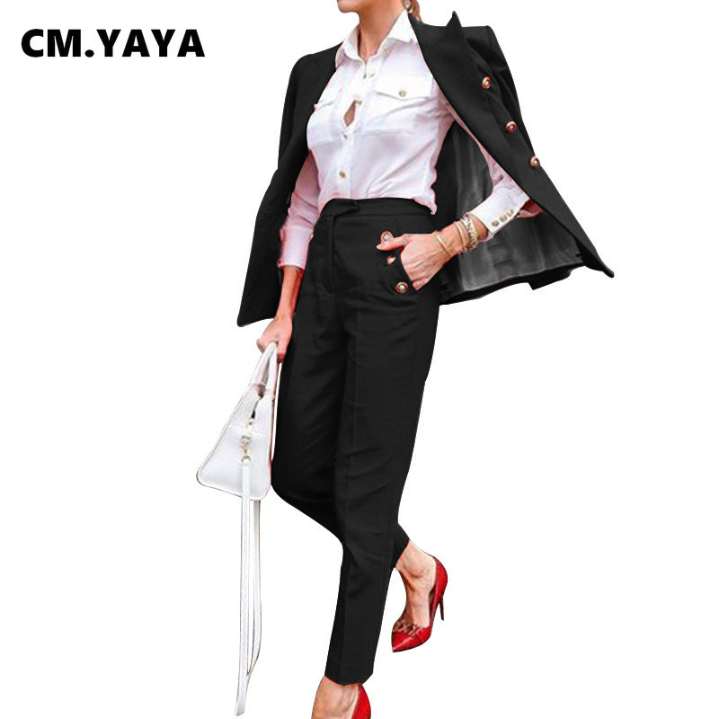 CM.YAYA Pantaloni pentru femei Costume pline cu mâneci pline Topuri cu buzunare drepte Pantaloni Două 2 piese Seturi Office Lady Fashion Outfits Toamna 2021