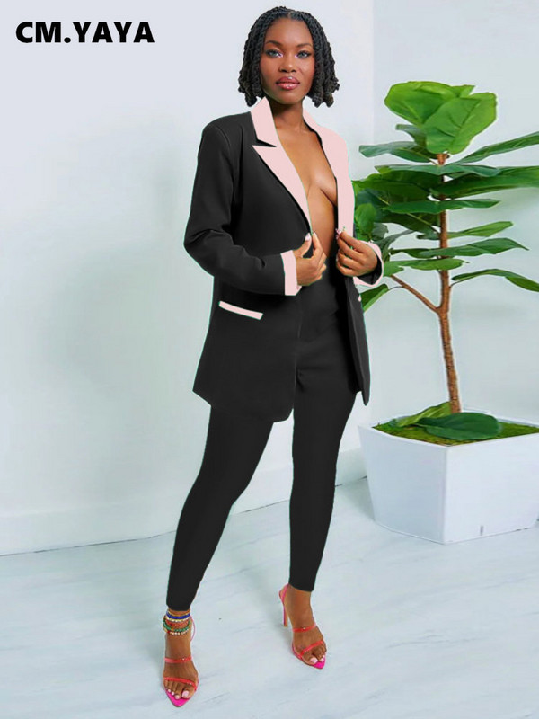 CM.YAYA Costum și pantaloni pentru femei, vintage, patchwork, cu un singur piept, set două 2 piese, ținute șic la modă pentru femei, toamnă iarnă