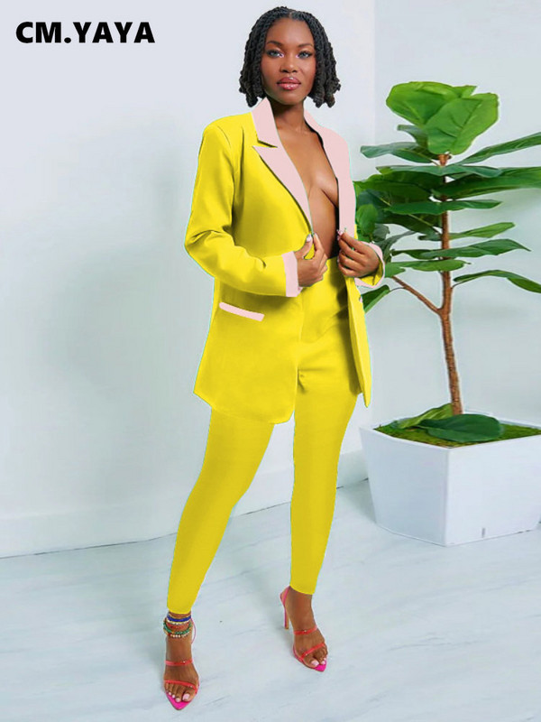 CM.YAYA Costum și pantaloni pentru femei, vintage, patchwork, cu un singur piept, set două 2 piese, ținute șic la modă pentru femei, toamnă iarnă