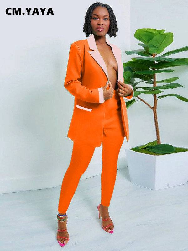 CM.YAYA Costum și pantaloni pentru femei, vintage, patchwork, cu un singur piept, set două 2 piese, ținute șic la modă pentru femei, toamnă iarnă