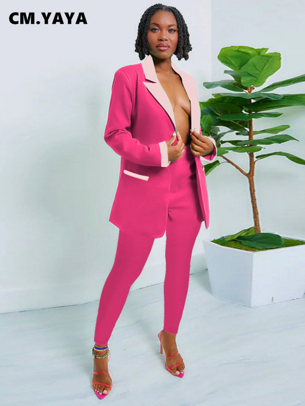 CM.YAYA Costum și pantaloni pentru femei, vintage, patchwork, cu un singur piept, set două 2 piese, ținute șic la modă pentru femei, toamnă iarnă