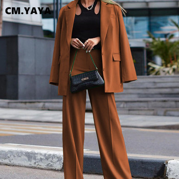 CM.YAYA Streetwear INS Дамски костюм с блейзър и прави панталони Мода 2023 Vintage Office Lady Комплект от 2 части Анцуг