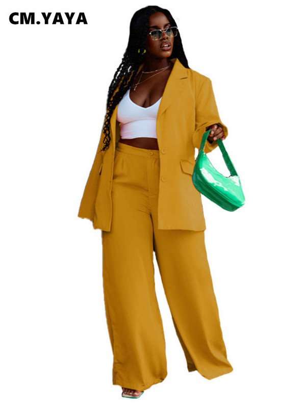 CM.YAYA Φθινοπωρινό χειμωνιάτικο μακρυμάνικο μπλέιζερ και φαρδύ παντελόνι στο πόδι Office Lady Elegant κοστούμι δύο τεμαχίων για γυναικεία ρούχα