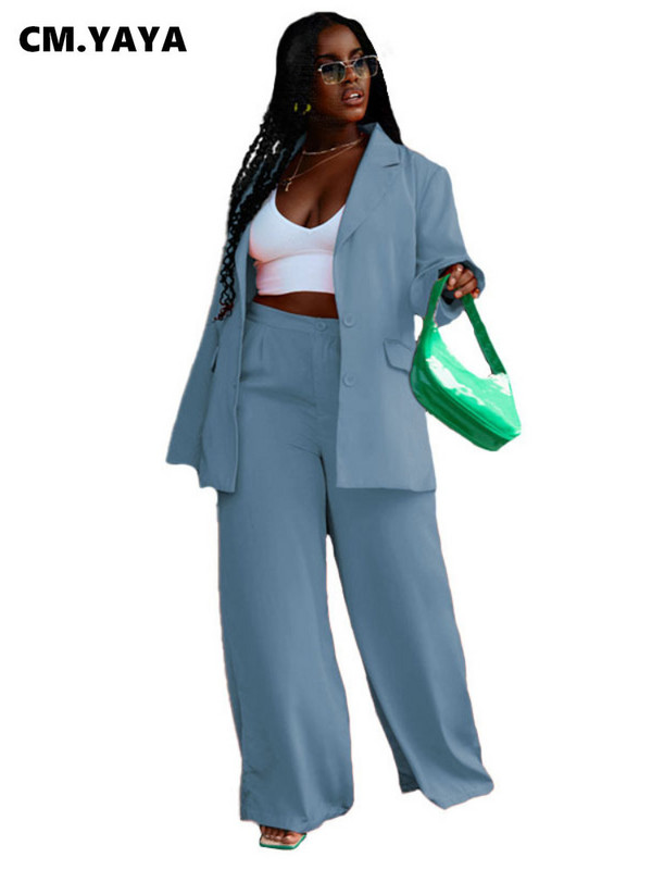 CM.YAYA Φθινοπωρινό χειμωνιάτικο μακρυμάνικο μπλέιζερ και φαρδύ παντελόνι στο πόδι Office Lady Elegant κοστούμι δύο τεμαχίων για γυναικεία ρούχα