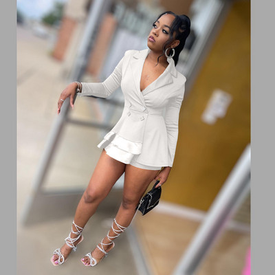 CM.YAYA Γυναικεία vintage βολάν με διπλό στήθος μπλέιζερ κοστούμι και σορτς δύο σετ 2 τεμαχίων μόδα Γυναικεία κομψή φόρμα