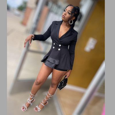 CM.YAYA Γυναικεία vintage βολάν με διπλό στήθος μπλέιζερ κοστούμι και σορτς δύο σετ 2 τεμαχίων μόδα Γυναικεία κομψή φόρμα