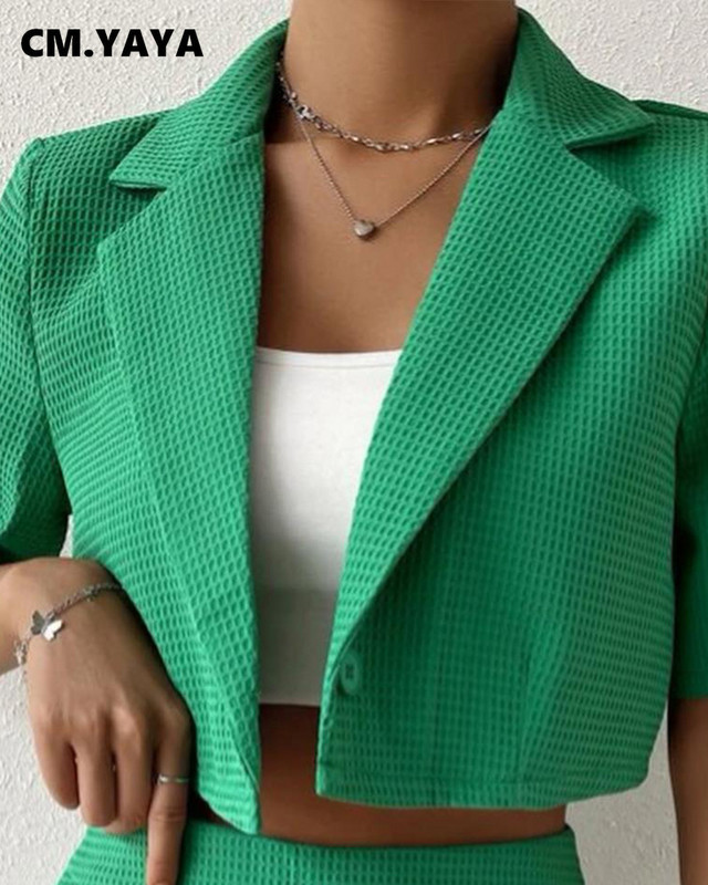 CM.YAYA sügisene tänava vahvliruuduline naiste komplekt, roheline poolvarrukatega bleiser lühikesed püksid, ülikond, daami spordidress, kaheosaline komplekt