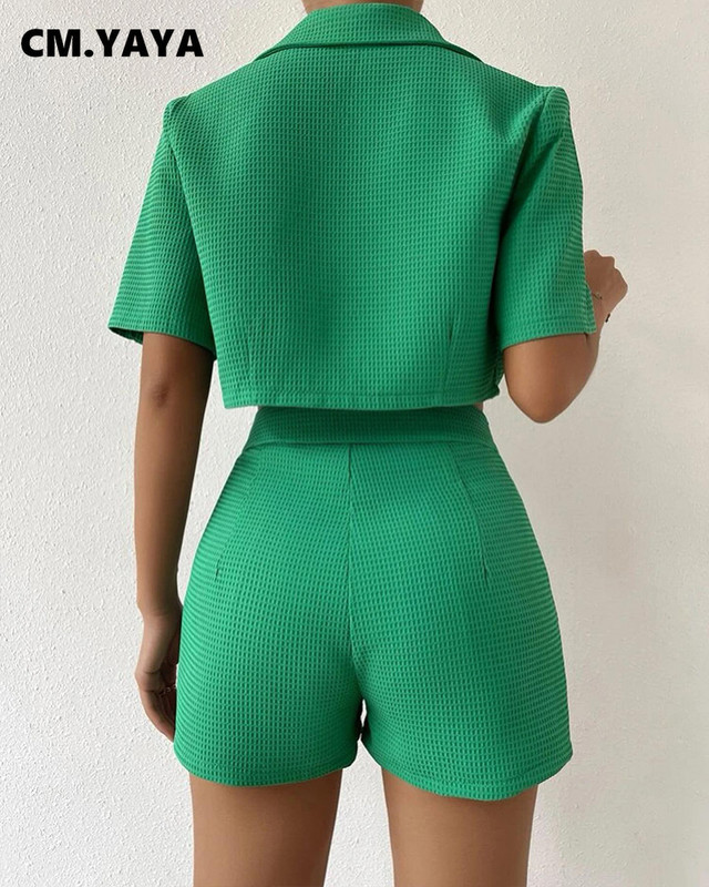 CM.YAYA sügisene tänava vahvliruuduline naiste komplekt, roheline poolvarrukatega bleiser lühikesed püksid, ülikond, daami spordidress, kaheosaline komplekt