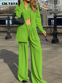 CM.YAYA Costum Pantaloni Drepți Moda pentru Femei Costum Blazer Elegant Două Set 2 piese și Crop Top 3 buc Seturi Ținute Trening de stradă