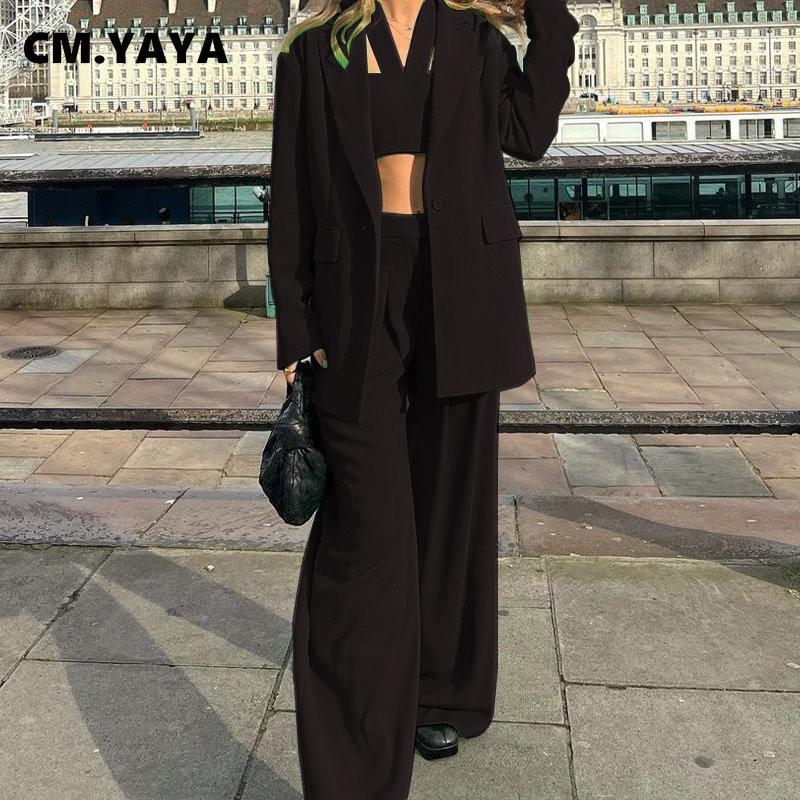 CM.YAYA Costum Pantaloni Drepți Moda pentru Femei Costum Blazer Elegant Două Set 2 piese și Crop Top 3 buc Seturi Ținute Trening de stradă