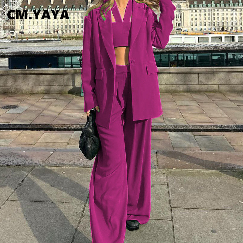 CM.YAYA Costum Pantaloni Drepți Moda pentru Femei Costum Blazer Elegant Două Set 2 piese și Crop Top 3 buc Seturi Ținute Trening de stradă