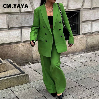 CM.YAYA elegantne naiste roheline sirge pükste ülikond ja kaherealine bleiser Fashion 2023 OL Streetwear, kaks kaheosalist komplekti