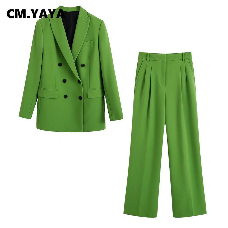 CM.YAYA elegantne naiste roheline sirge pükste ülikond ja kaherealine bleiser Fashion 2023 OL Streetwear, kaks kaheosalist komplekti