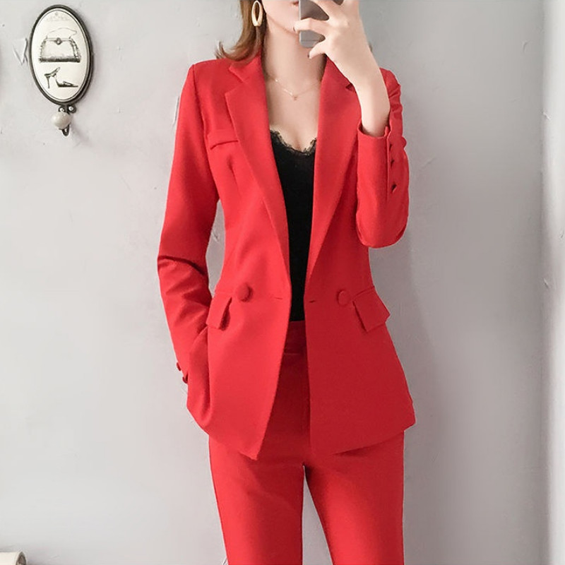 Seturi de dama Set roșu de două piese de modă pentru femei Pantaloni 2 piese ținute 2022 Kit formal Blazer costum pantaloni birou stil coreean