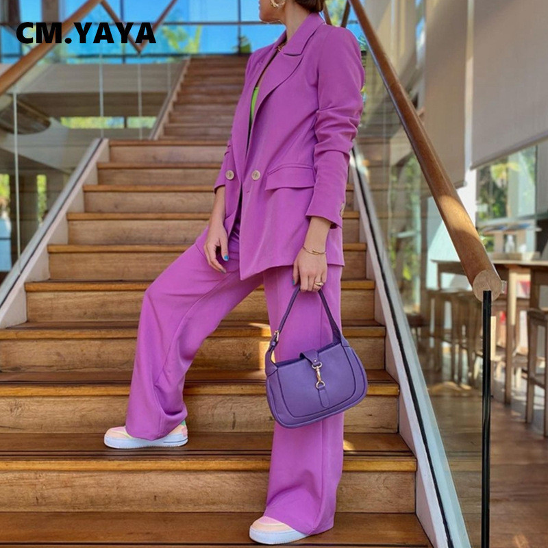 CM.YAYA Ženska odijela s hlačama Jednobojni gornji dijelovi s punim rukavima s jednim gumbom Džepovi Široke hlače Dva kompleta od 2 komada Uredska ženska odjeća jesen 2021.
