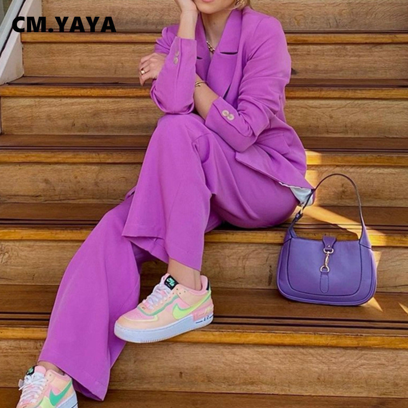 CM.YAYA Ženska odijela s hlačama Jednobojni gornji dijelovi s punim rukavima s jednim gumbom Džepovi Široke hlače Dva kompleta od 2 komada Uredska ženska odjeća jesen 2021.