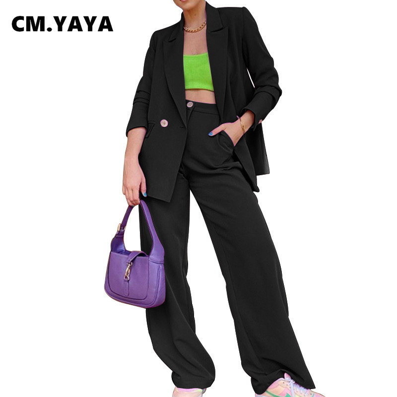 CM.YAYA Ženska odijela s hlačama Jednobojni gornji dijelovi s punim rukavima s jednim gumbom Džepovi Široke hlače Dva kompleta od 2 komada Uredska ženska odjeća jesen 2021.
