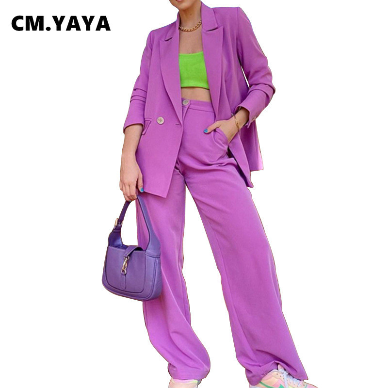 CM.YAYA Ženska odijela s hlačama Jednobojni gornji dijelovi s punim rukavima s jednim gumbom Džepovi Široke hlače Dva kompleta od 2 komada Uredska ženska odjeća jesen 2021.