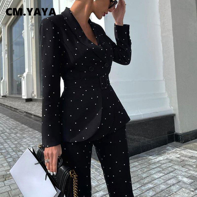 CM.YAYA Set Toamna Iarna Dot Femei Blazer Maneca Lunga Topuri + Pantaloni Costum Office Trening Dama Set Doua Piese Tinute Fitness