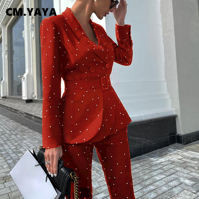 CM.YAYA Set Toamna Iarna Dot Femei Blazer Maneca Lunga Topuri + Pantaloni Costum Office Trening Dama Set Doua Piese Tinute Fitness