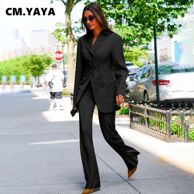 CM.YAYA Elegantni ženski gornji dio jakne za lješkarenje i široke hlače s širokim nogavicama Street INS Ženska dvodijelna odjevna kombinacija Trenirka
