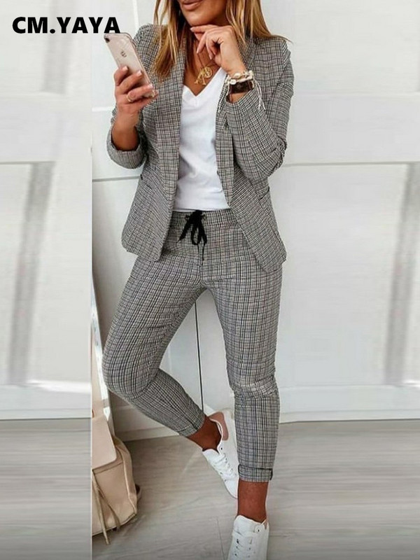 CM.YAYA rudens ziemas ielu rūtains sieviešu komplekts ar garām piedurknēm žakete un biksēm, biroja dāmas divdaļīgs komplekts, elegants INS tērps