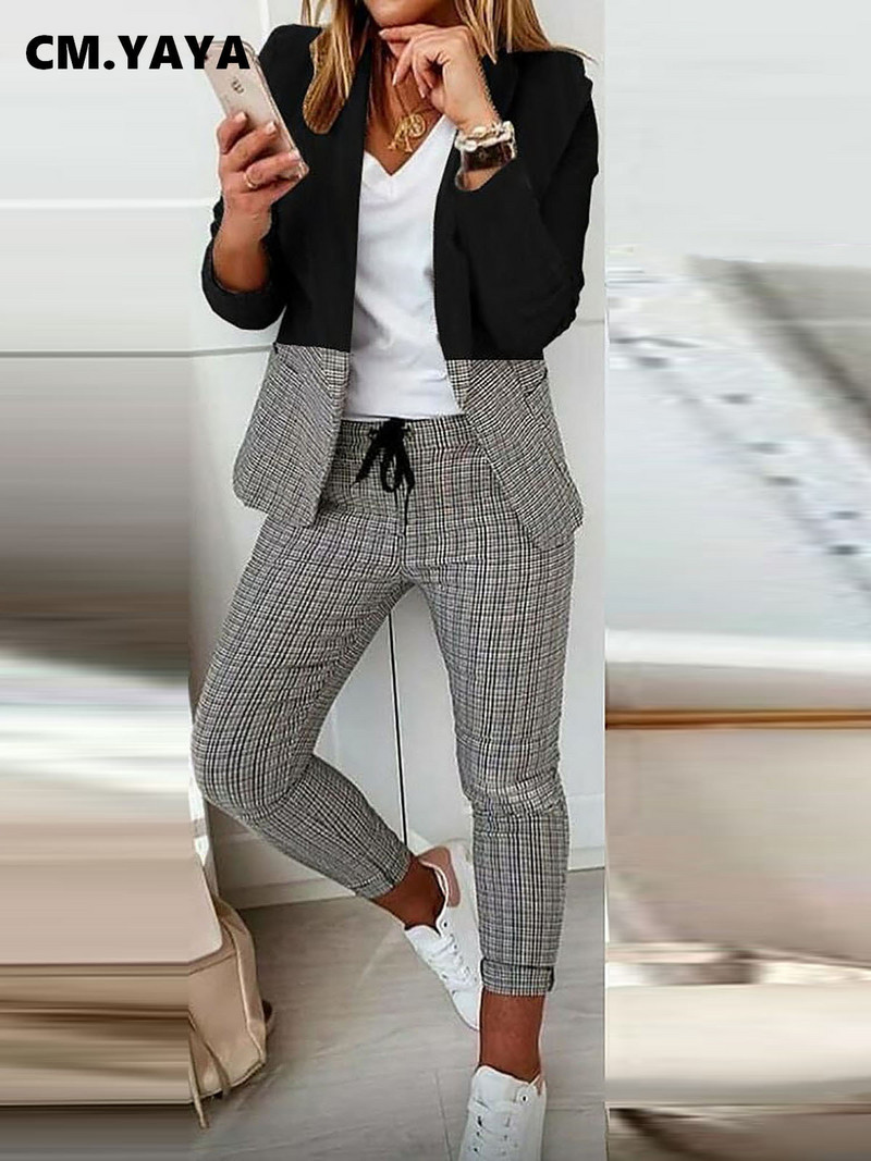CM.YAYA rudens ziemas ielu rūtains sieviešu komplekts ar garām piedurknēm žakete un biksēm, biroja dāmas divdaļīgs komplekts, elegants INS tērps