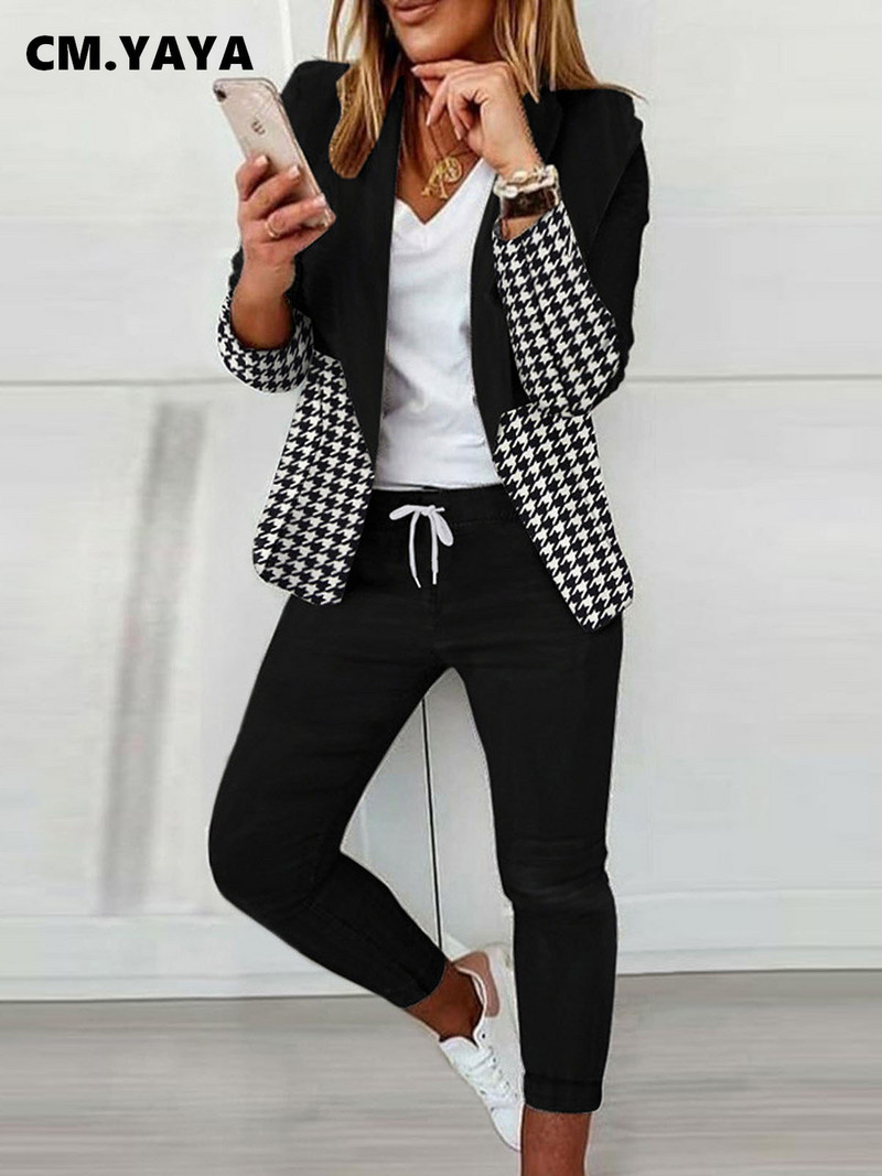 CM.YAYA rudens ziemas ielu rūtains sieviešu komplekts ar garām piedurknēm žakete un biksēm, biroja dāmas divdaļīgs komplekts, elegants INS tērps