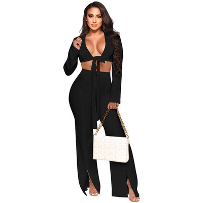 CM.YAYA Elegant INS Γυναικείο σετ Bowknot Tie Up Blazer και Flare Pants Street Fashion Active αθλητική φόρμα δύο 2 τεμαχίων σετ