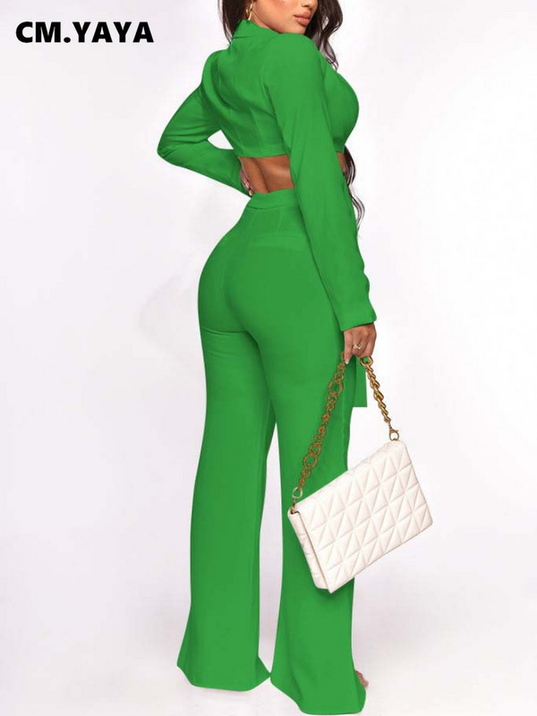 CM.YAYA Elegant INS Γυναικείο σετ Bowknot Tie Up Blazer και Flare Pants Street Fashion Active αθλητική φόρμα δύο 2 τεμαχίων σετ