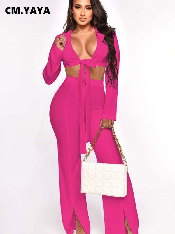 CM.YAYA Elegant INS Γυναικείο σετ Bowknot Tie Up Blazer και Flare Pants Street Fashion Active αθλητική φόρμα δύο 2 τεμαχίων σετ