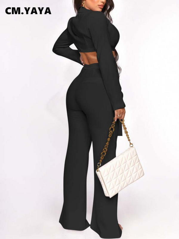 CM.YAYA Elegant INS Γυναικείο σετ Bowknot Tie Up Blazer και Flare Pants Street Fashion Active αθλητική φόρμα δύο 2 τεμαχίων σετ