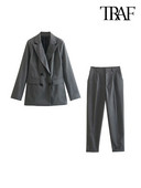 TRAF Γυναικεία Μόδα παλτό σακάκι με διπλό στήθος και ψηλόμεσες τσέπες στο πλάι Παντελόνι στον αστράγαλο Γυναικείο σετ δύο τεμαχίων Mujer
