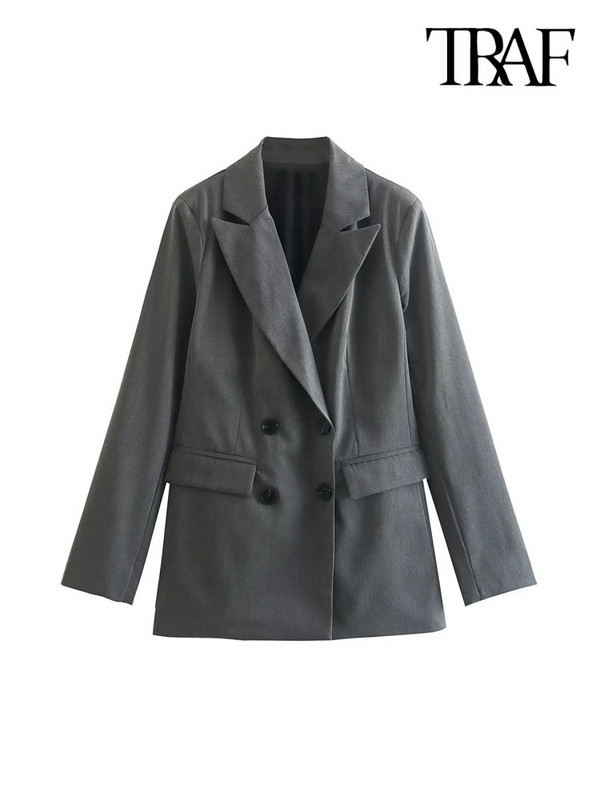 TRAF Γυναικεία Μόδα παλτό σακάκι με διπλό στήθος και ψηλόμεσες τσέπες στο πλάι Παντελόνι στον αστράγαλο Γυναικείο σετ δύο τεμαχίων Mujer