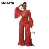 CM.YAYA Γυναικείο Σετ Ριγέ Ολόσωμο Επίδεσμο με λαιμόκοψη V-λαιμόκοψη Παντελόνια φαρδιά μπατζάκια δύο 2 τεμαχίων σετ γραφείου γυναικεία στολή φθινοπώρου