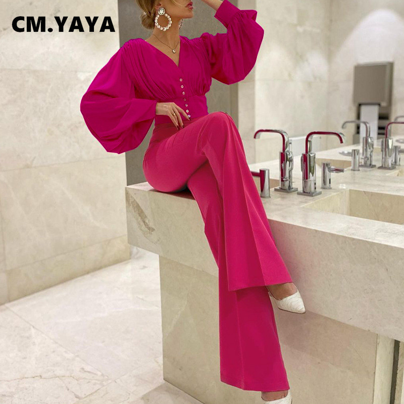 CM.YAYA Basic Street γυναικεία αθλητική φόρμα Φανάρι μακρυμάνικη μπλούζα και παντελόνι Flare Κομψή ασορτί σετ 2 τεμαχίων