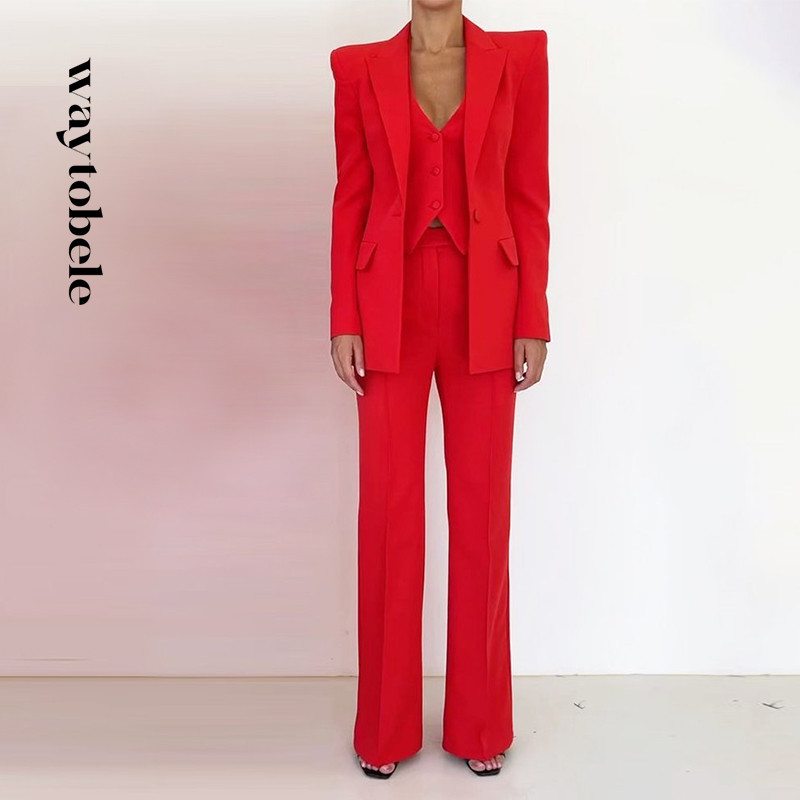 Waytobele Γυναικείο Σετ Μπλέιζερ Φθινοπωρινό Χειμώνα Casual Μόδα Μασίφ μακρυμάνικο πέτο με κουμπιά φαρδιά παντελόνια ψηλά Streetwear