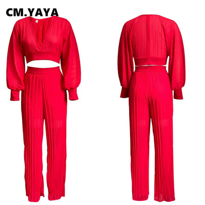 CM.YAYA Γυναικεία αθλητική φόρμα με πλισέ Μασίφ διαφανή πλισέ μπλούζες και φαρδιά παντελόνια μόδας δύο 2 τεμαχίων σετ μόδας
