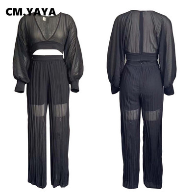 CM.YAYA Γυναικεία αθλητική φόρμα με πλισέ Μασίφ διαφανή πλισέ μπλούζες και φαρδιά παντελόνια μόδας δύο 2 τεμαχίων σετ μόδας