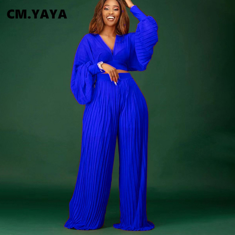 CM.YAYA Γυναικεία αθλητική φόρμα με πλισέ Μασίφ διαφανή πλισέ μπλούζες και φαρδιά παντελόνια μόδας δύο 2 τεμαχίων σετ μόδας